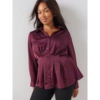 The Very Collection Curve Seam Detail Longline Satin Shirt - Burgundy