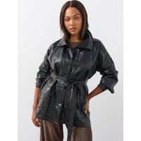 The Very Collection Womens Curve Funnel Neck Tie Waist Faux Leather Jacket - Black