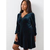 The Very Collection Womens Curve Velvet Lace Trim Tie-Back Mini Dress - Teal Green