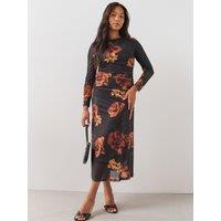 The Very Collection Womens Curve Printed Ruched Stretch Mesh Midi Dress - Print