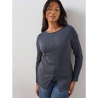 The Very Collection Curve Button Through Ribbed Stretch Top - Black