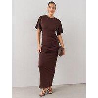 The Very Collection Draped Short Sleeve Ruched Side Midaxi Dress - Brown