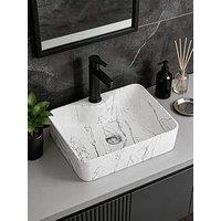 Living And Home Rectangular White Ceramic Marble Effect Texture Countertop Basin Bathroom Sink W 480Mm X D 370Mm