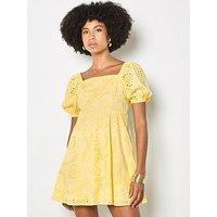 Apricot Square Neck Broderie Puff Sleeve Dress With Tie Back