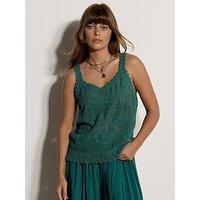 Apricot Floral Embroidery Crochet Top - Green