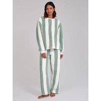 Loungeable Sherpa Round Neck Top And Wide Leg Twosie - Green