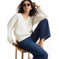 River Island Womens Ribbed V Neck Split Hem Jumper - Cream
