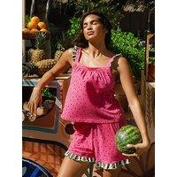 Chelsea Peers Chelsea Peers Cotton Watermelon Print Frill Cami Short Pyjama Set - Pink