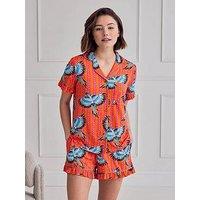 Chelsea Peers Parrot Stripe Print Frill Short Pyjama Set - Orange