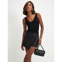 River Island Womens Embroidered Wrap Front Faux Leather Skort - Black
