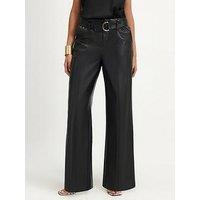 River Island Womens D-Ring Belted Faux Leather Wide Leg Trousers - Black