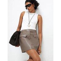 River Island Womens Button Tab Utility Faux Leather Mini Skirt - Beige