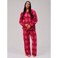 Loungeable Argyle Sherpa Round Neck Top & Wide Leg Twosie Lounge Set - Pink