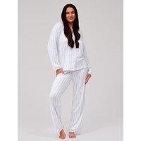 Loungeable Stripe Bow Long Sleeved Button Down Traditional Pyjama Set - Blue