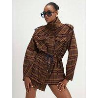 River Island Check Funnel Neck Parka Jacket - Brown