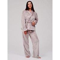 Loungeable Flannel Fleece Shawl Collar Wrap Robe & Straight Leg Trousers Lounge Set - Beige
