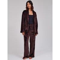 Loungeable Flannel Fleece Shawl Collar Wrap Robe & Wide Leg Trousers Set - Brown