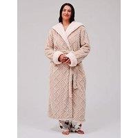 Loungeable Cable Cutwork Hooded Midi Dressing Gown - Beige