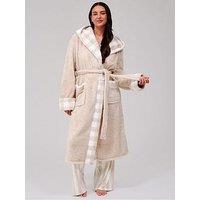 Loungeable Gingham Faux Fur Trim Hooded Midi Dressing Gown - Beige