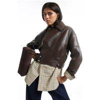 River Island Womens Zip-Through Cropped Faux Leather Jacket - Brown