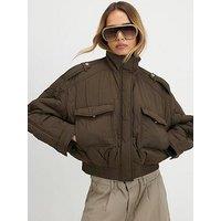 River Island Quilted Funnel Neck Bomber Jacket - Green
