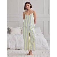 Chelsea Peers Linen Blend Scallop Edge Stripe Long Pyjama Set - Lilac