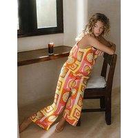 Chelsea Peers Linen Blend Tropical Patchwork Print Frill Cami Long Pyjama Set - Multi