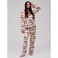 Loungeable Espresso Martini Long Sleeved Button Down Traditional Pyjama Set - Brown
