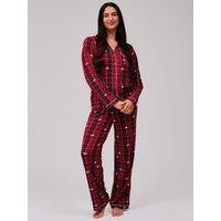 Loungeable Bow Check Long Sleeved Button Down Traditional Pyjama Set - Red