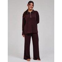 Loungeable Soft 1/4 Knit Top And Trouser Set - Dark Brown