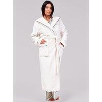 Loungeable Flannel Fleece Hooded Maxi Robe With Contrast Black Piping - White