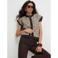 River Island Leopard Print Button-Through Ribbed Vest - Beige