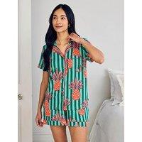 Chelsea Peers Pineapple Stripe Print Short Pyjama Set - Turquoise