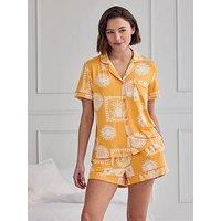 Chelsea Peers Modal Stamp & Tile Print Short Pyjama Set - Mustard