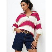 River Island Stripe Knit Diamante Collar Polo Top - Pink