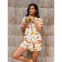 Chelsea Peers Cotton Cheesecloth Siesta Tiger Print Short Button Up Pyjama Set - Off White
