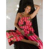 Chelsea Peers Organic Cotton Cheesecloth Cottontiger Stripe Print Cami Long Pyjama Set - Pink