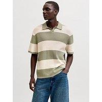 Jack & Jones Liam Stripe Split Neck Knitted Polo Shirt - Green