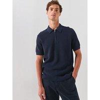 Gant Cotton Rib Zip Neck Polo Shirt - Navy