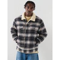 Levi'S Mens Relaxed Fit Sherpa Lined Plaid Trucker Jacket - Grey