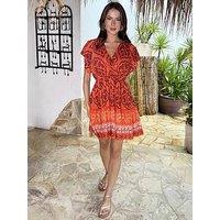 Ax Paris Boho Border Print Wrap Top Tiered Mini Dress - Orange