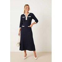 Style Cheat Contrast Ribbed Knit Midi Dress - Navy