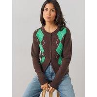 The Very Collection Womens Argyle Crew Neck Cardigan - Chocolate