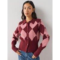 The Very Collection Collared Neck Argyle Cardigan - Pink & Burgundy