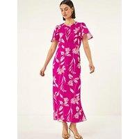 Roman Floral Print Flutter Sleeve Midi Dress