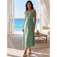 Roman Petite V-Neck Ruched Stretch Midi Dress