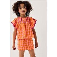 Monsoon Girls Gingham Embroidered Short Set - Orange