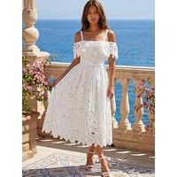 Roman Crochet Lace Bardot Midi Dress