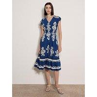 Apricot Medallion Border Crochet Detail Button Thru Midi Dress - Blue