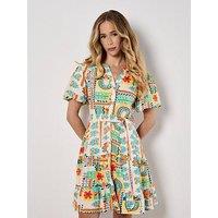 Apricot Tropical Animation Puff Sleeve Dress - Black